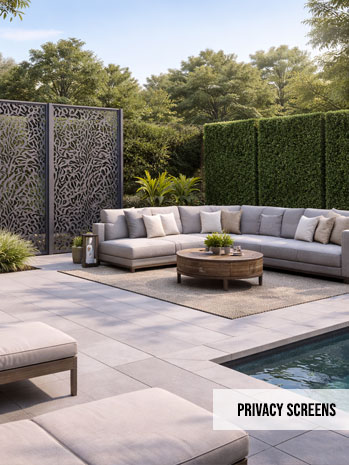 Stylish backyard with privacy screens