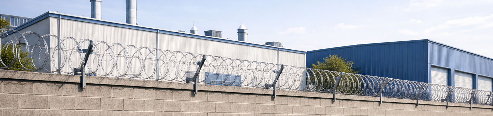 Factory with wall top concertina coil fence